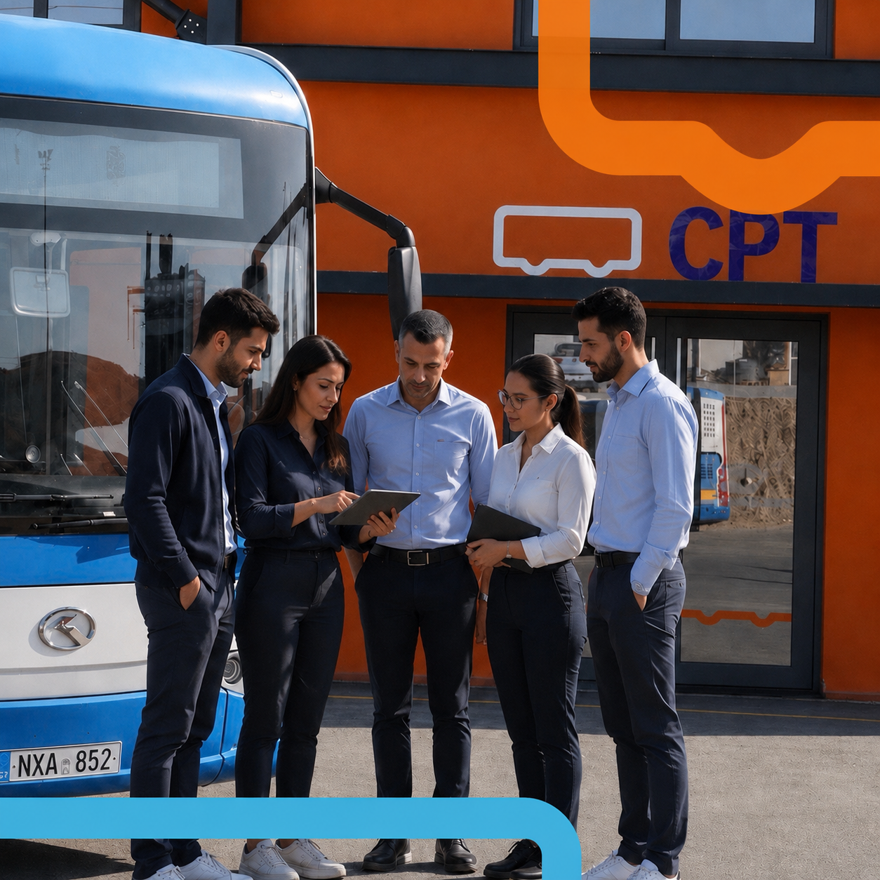 Project partners discussing innovation beside a CPT bus.