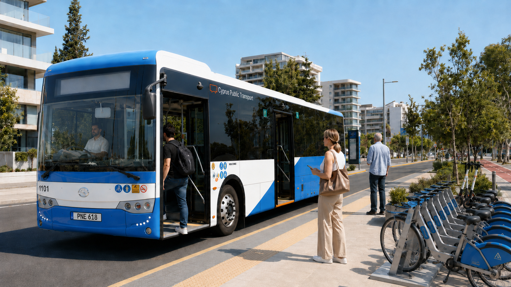 CPT bus beside shared bicycles in Larnaca.