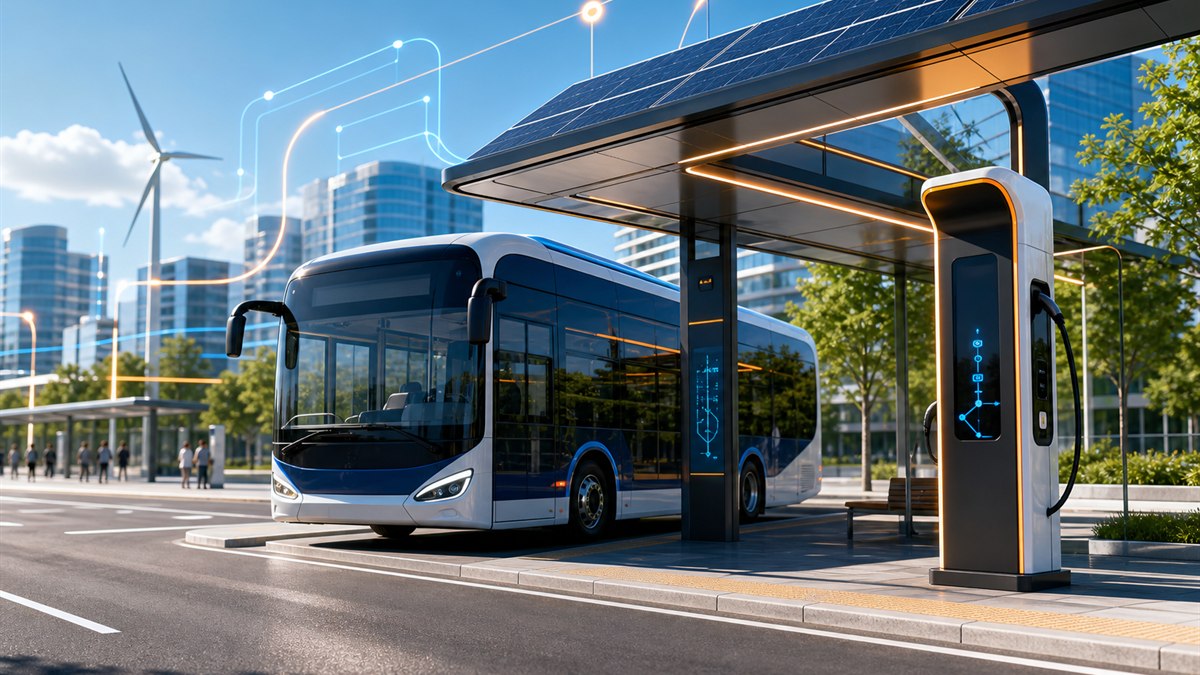 Electric bus charging at a smart solar-powered public transport stop