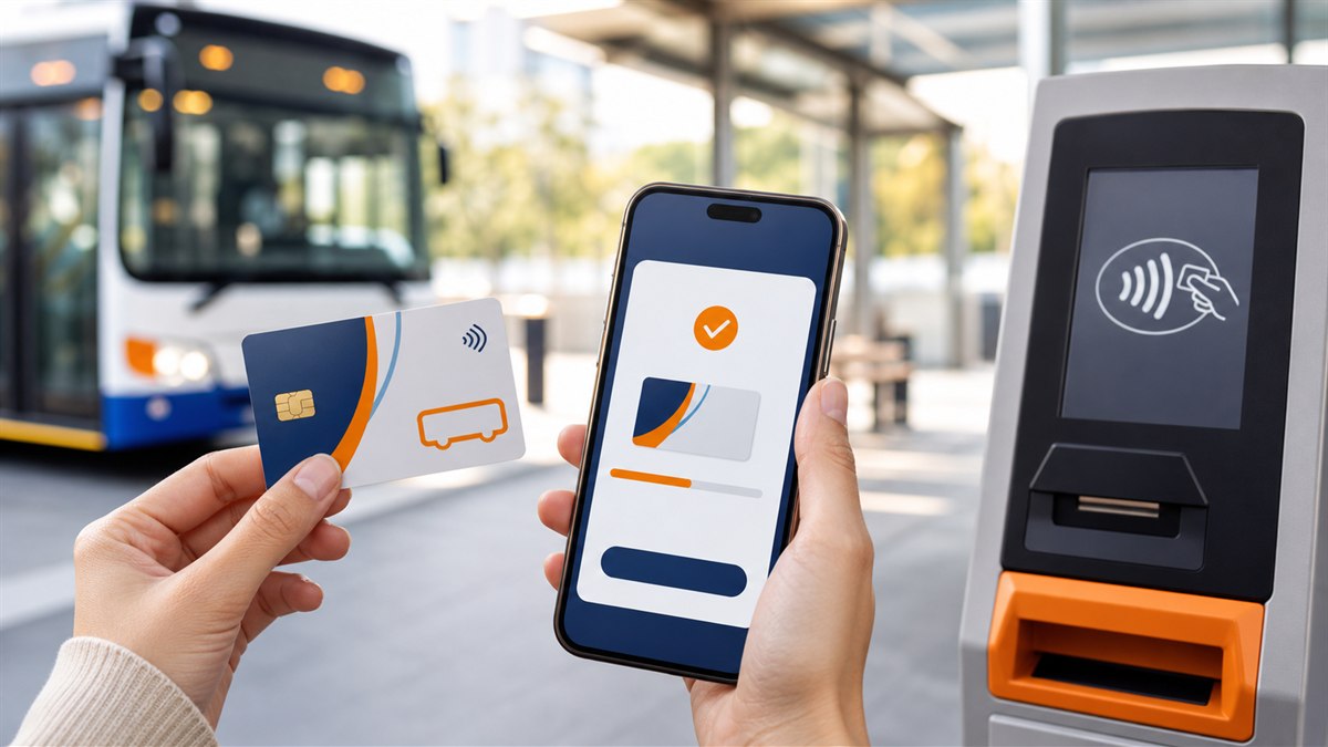 Motion travel card, mobile top-up screen and ticket machine at a bus stop
